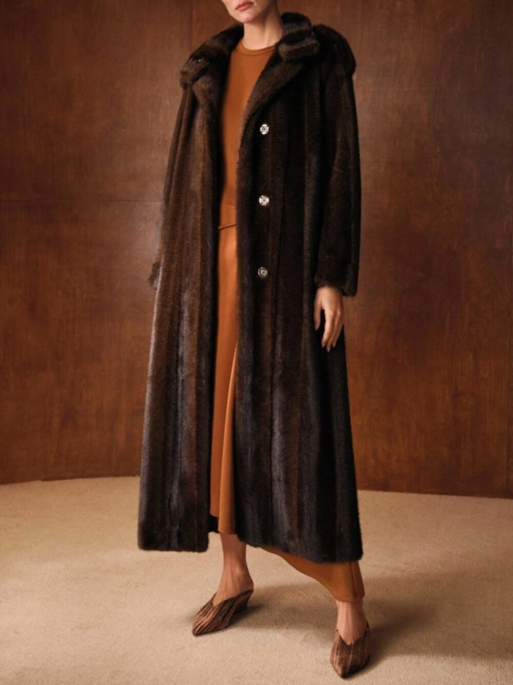 Dark Brown Faux Fur Long Coat with Jeweled Buttons